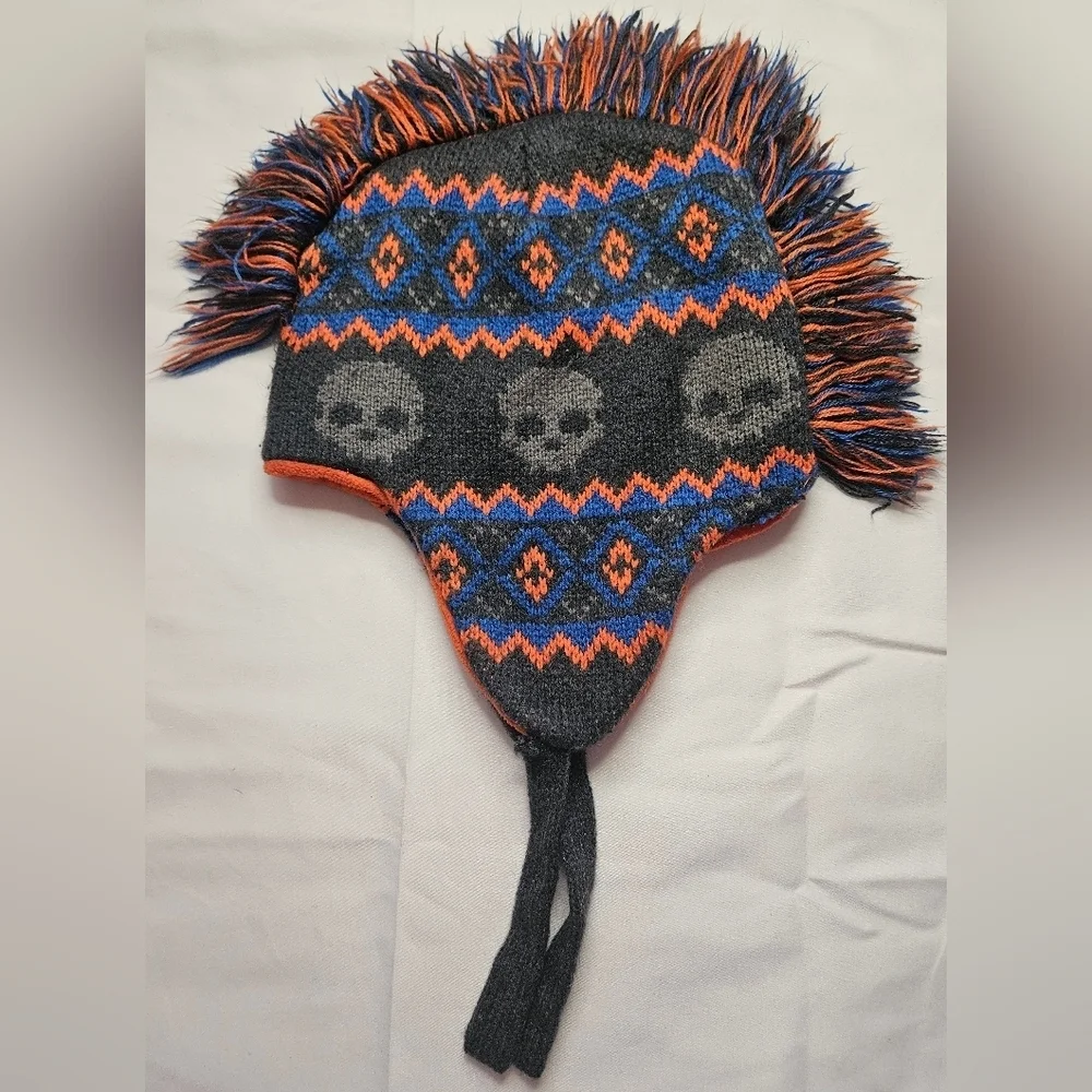 Unbranded Boys Gray, Blue And Orange Skull Mohawked Winter Hat With Ear Flaps